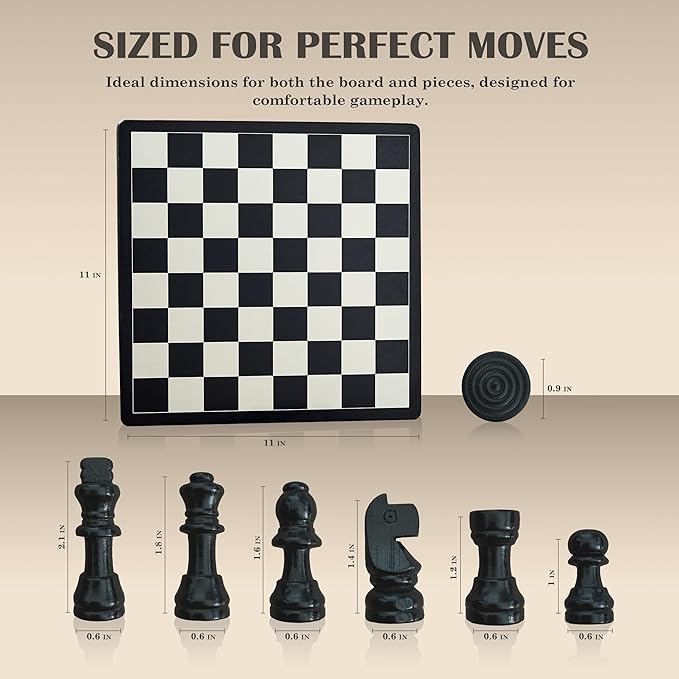 3 in 1 Chess, Checkers and Tic-Tac-Toe Set – Wooden Chess Set, Double-Sided 11'' Game Board with Extra Queens – Fun Family Chess Board for Adults and Kids – Ideal for All Ages