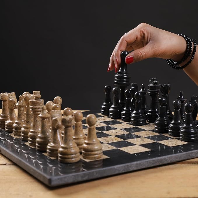 15 Inch Luxury Chess Set Classic Chess Boards for Adults with Handcrafted Stone Board & Marble Chess Pieces Ideal for Home Decor (Black & Coral)