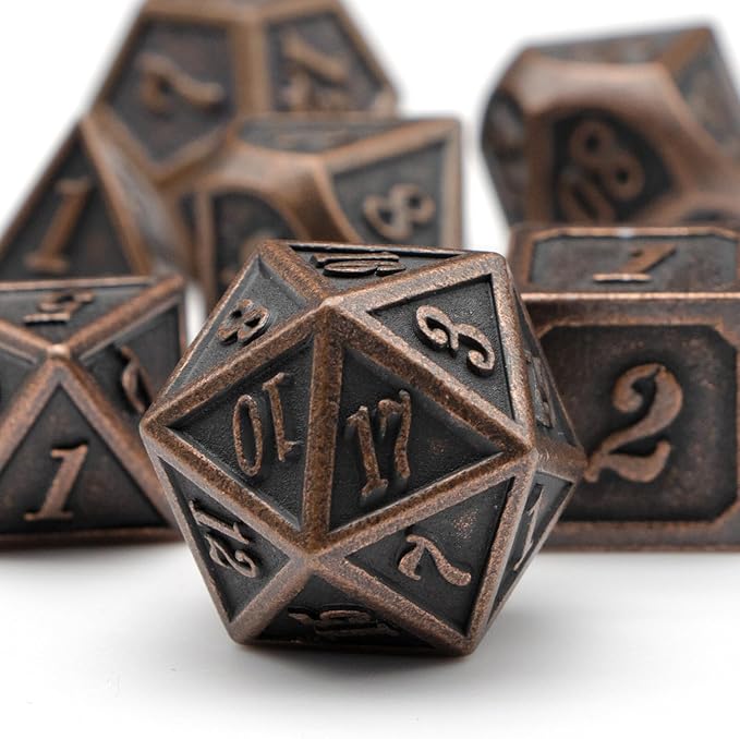 Metal Dice Set, HNCCESG Polyhedral D&D Dice for Dungeons and Dragons RPG DND Dice for Role Playing MTG Tabletop Gaming Shadowrun Pathfinder 7PCS D20 D12 D10 D8 D6 D4（Antique Copper）