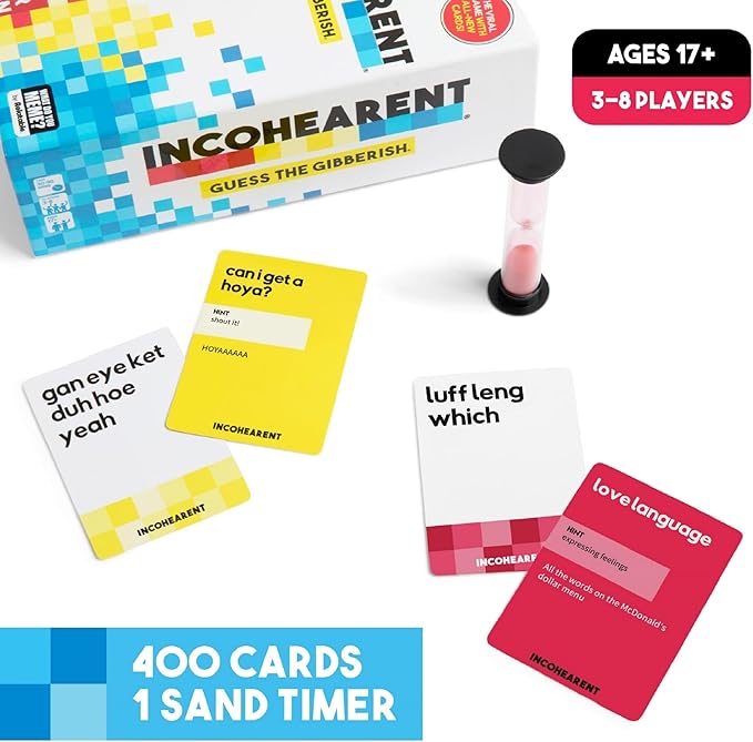 Incohearent, The Guess the Gibberish Party Game by Relatable, A Funny Card Game for Adults, Great for Bachelorette Party Games or Game Night Games, Includes 400 Cards, Instructions, and 1 Sand Timer