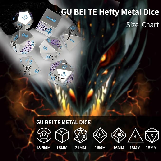 Metal DND Dice Set,Dragons and Warriors DND Dice 7-Pcs Metal Polyhedral Dice Set for Dungeons and Dragons RPG MTG Table Games(Pearl Silver