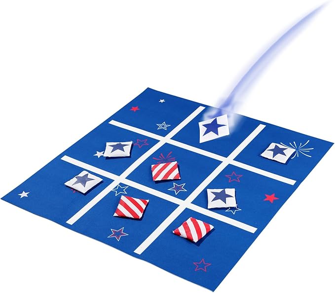 Vanblue 4th of July Tic Tac Toe Bean Bag Toss Game - Giant 3FT Felt Board with 10pcs Red & Blue Bean Bags - Outdoor & Indoor Family Fun Game Set