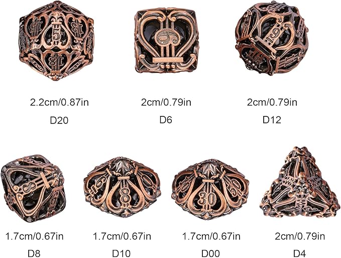 Cusdie 7-Die Metal Dice Set - Hollow Design with Bells - Crisp Sounding Gaming Dice in Tin Box - Perfect for Tabletop RPGs & Board Games(Ancient Copper)
