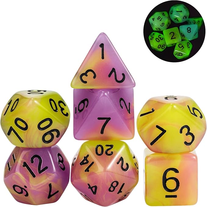 Glow in The Dark DND Dice, 7Pcs Luminous Polyhedral Dice Set with Leather Dice Bag, Glowing D&D Dice for Dungeons and Dragons, RPG, MTG Table Games(Purple Yellow)