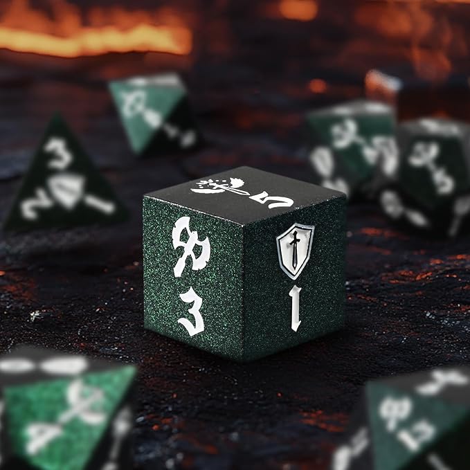 7PCS Metal Dice Set for Dungeons and Dragons,Class Icons Dice,Role Playing Board Games Accessories (Green)