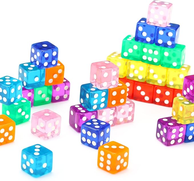 40pcs 6-Sided Game Dice Set Standard Game Dice for Broad Game Math Teaching Translucent Acrylic Game Dice with 8 Colors (5pcs/Set)