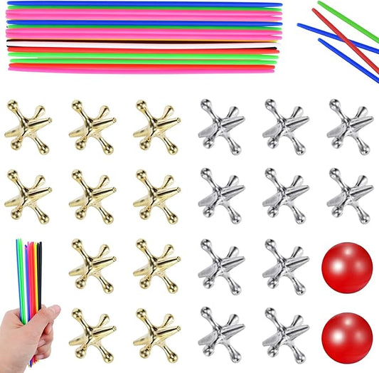 ZeeDix 60 Pcs Pick Up Sticks with 2 Sets Retro Metal Jacks Kit- Include 2 Pcs Red Rubber Balls and 20 Pcs Gold and Silver Metal Jacks, Classic Fun Game Gift of Jacks for Kids Adults Family