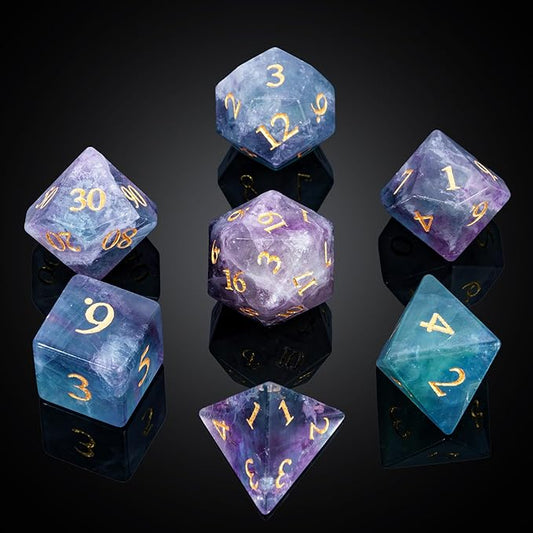UDIXI Natural Gemstone DND Dice Set 7PCS Color Fluorite Crystal Stone Dice Set for Dungeons and Dragons D&D Tabletop Games