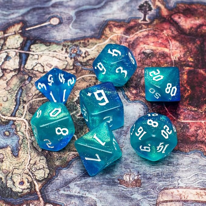 DND Dice Set with Dragon Totem Metal Gife Case, Dungeons and Dragons Dice Set,Polyhedral Dice Set Filled with Shiny Glitters,Role Playing Games and Tabletop Games (Blue&Green)