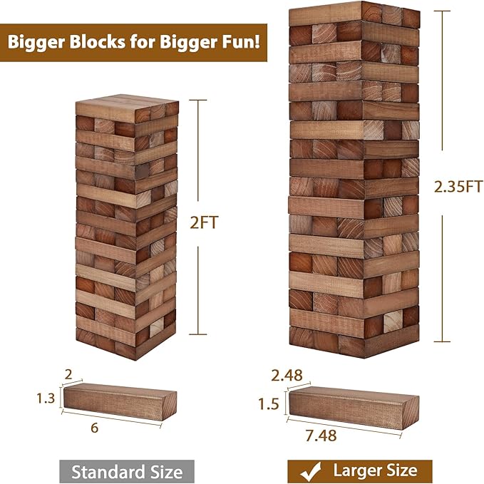 ApudArmis Giant Tumble Tower Stack to Over 5Ft, 56 PCS Pine Wooden Stacking Timber Game with 1 Dice Set - Classic Block Giant Outdoor Game (7.48 * 2.48 * 1.5In Each Block, Brown)