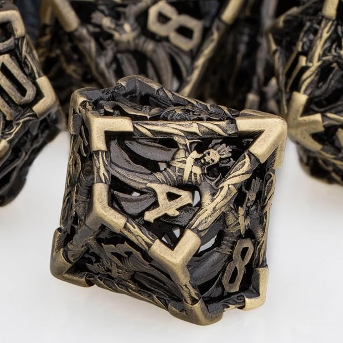 Hollow DND Dice Set Metal Wizard Dice with Box, 7pcs Bronze Polyhedral D and D Dice for use with D&D RPG Tabletop Games Role Playing Game