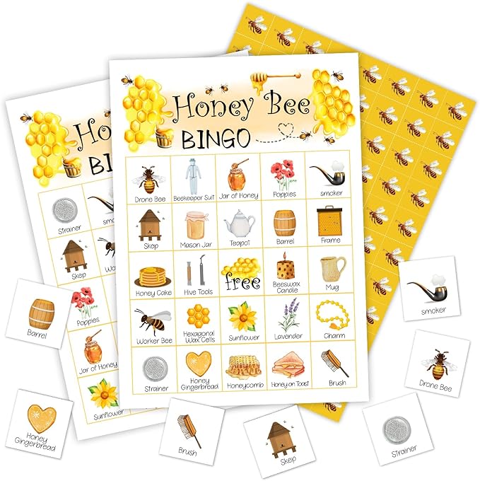 Ziyouza Honey Bee Bingo Cards, 24 Players Bingo Games for Honey Bee Theme, Birthday Party Family Party Outdoor Activity -08
