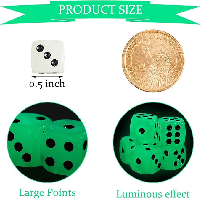 36 Pieces Glow in The Dark Dice Set, Luminous Dice 6 Sided with Black Velvet Pouches for Board Games, Activity Casino Theme Party Favors