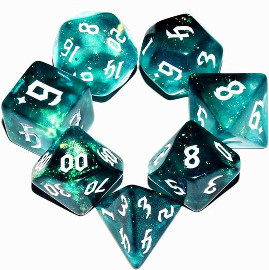 Galaxy Dice Set| Dark Green Mix Cyan Crystal DND Dice Set for Board Game