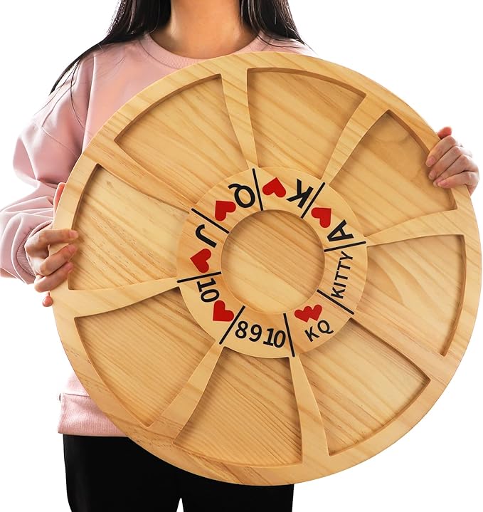 Michigan Rummy Game Luxury Set Royal Hearts Rummy Poker Wooden Tripley Board Game Bravado Game Classic Family Card Game 100 Chips 2 Playing Cards (Large Circular Shape, Log Color)