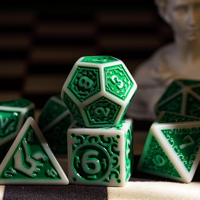 7-Die DND Dice Set New Pattern Polyhedral Dice Set with Leather Bag D&D Dice Set for Dungeons and Dragons RPG MTG Table Games(Gray Green)