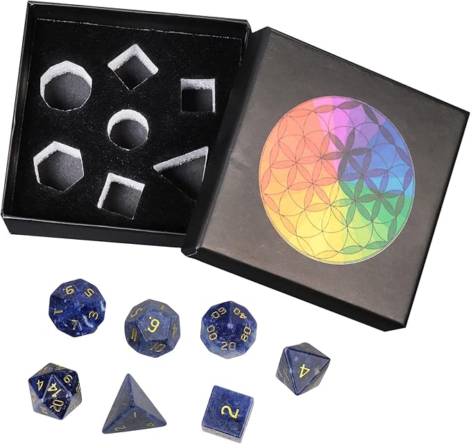 TUMBEELLUWA Engraved Crystal Stone Polyhedral Dice Set for RPG MTG Dungeons and Dragons Table Game 7 Pieces DND Board Game Dices with Pouch, Sodalite