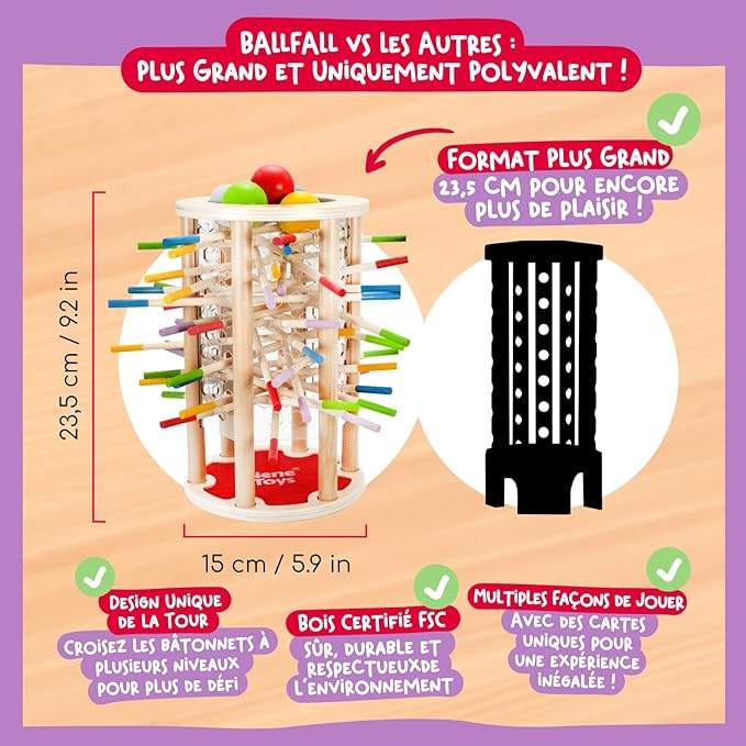 Nene Toys BALLFALL Jumbo – Montessori Wooden Board Game for Kids 3 4 5 6 Years – Colorful Sticks, Dice & Cards – Fine Motor Skills Toy, Math & Counting Game – Educational Gift for Boys Girls Ages 3-9