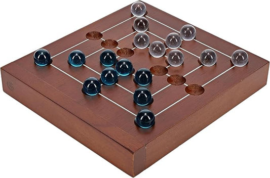 WE Games Nine Men's Morris Board Game, 5 inch Travel Size - Solid Wood Board with Magnetic Closure, 9 Clear & 9 Blue Marbles, Classic 2-Player Strategy Game for Adults, Perfect for Game Nights