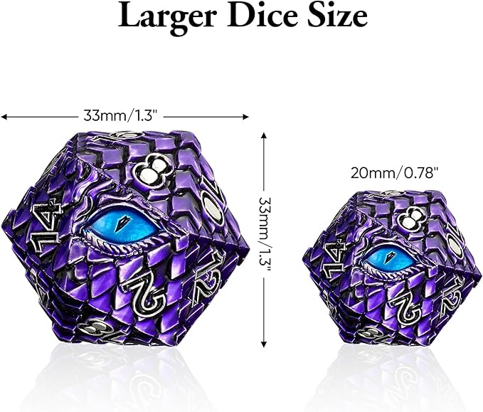 Dragon Eye Scale DND Metal Dice,33mm 20 Sided Giant D20, Large Polyhedral Dice, D&D Metal Dice Set for Dungeons and Dragons, RPG, MTG & Tabletop Games(Purple with Blue Eye)