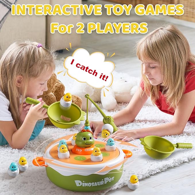 4-in-1 Dinosaur Pop Up Board Games for Toddlers, Magnetic Fishing Game Tic Tac Toe Bowling Toys, Rotate Music Dino Bounce and Catch Game, Family Games for Kids 3-5 4-8 Boy Girl