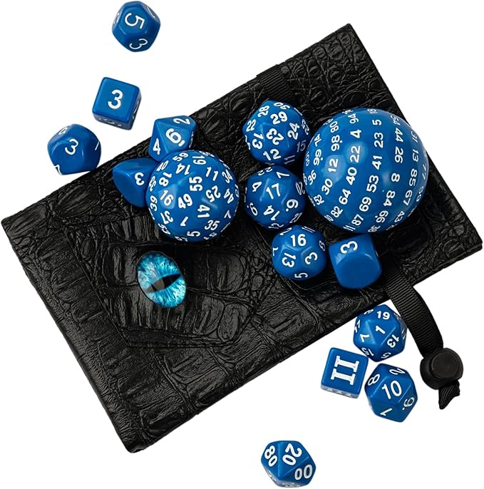 15 Pieces Complete Polyhedral DND Dice Set D3-D100 Spherical D&D Dice Set with Dragon Eye Dice Bag, D100 Dice for Dungeons and Dragons, RPG, MTG Table Games(Blue w/White Numbers)
