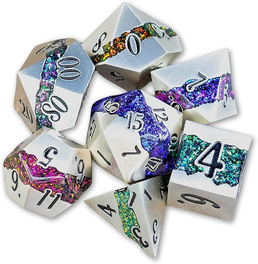 Sage's Portal Metal Riftstone DND Dice 7-PC Polyhedral Dice Set for DND TTRPG Dungeons and Dragons Pathfinder Oversized Designer Dice (Pearl Silver/Rainbow)