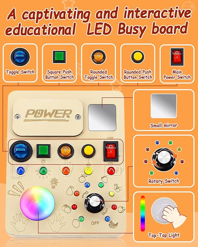 Busy Board Montessori Toy for Toddler, Wooden Sensory Activity Board with LED Light UP Switch, Baby Fidget Board Travel Toys for 18+ Months, 1 2 3 Year Old Boys Girls Toddler Toys Gifts