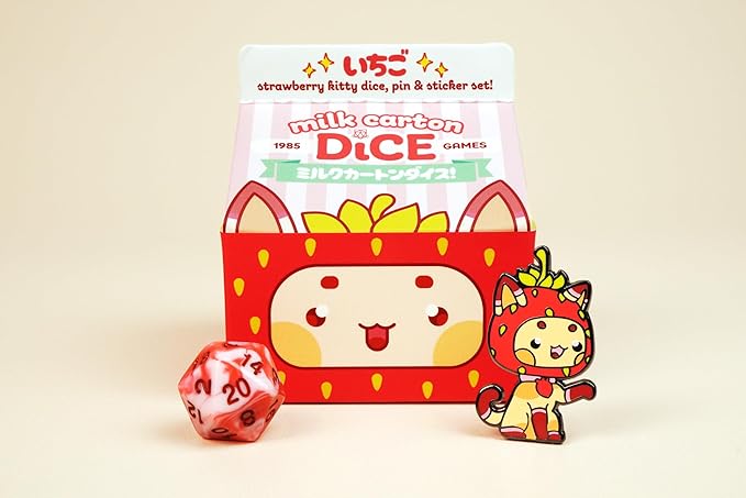 1985 Games Strawberry Kawaii Cat Dice Set – Milk Carton-Inspired Dice for DND | TTRPGs & Tabletop Roleplaying