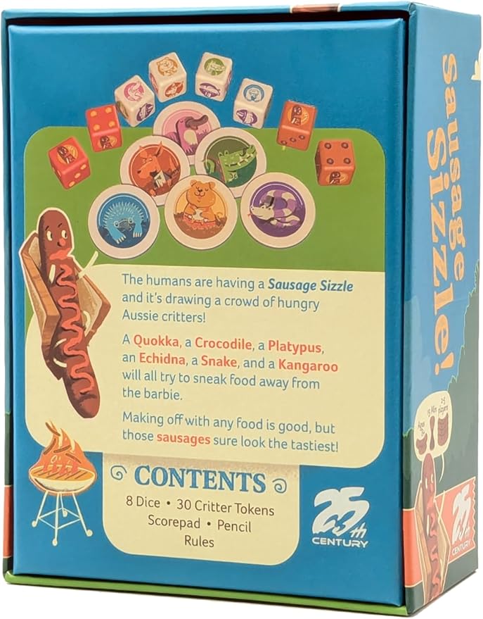 Sausage Sizzle, Press Your Luck Dice Rolling Game Featuring Australian Animals Stealing Food - 25th Century Games