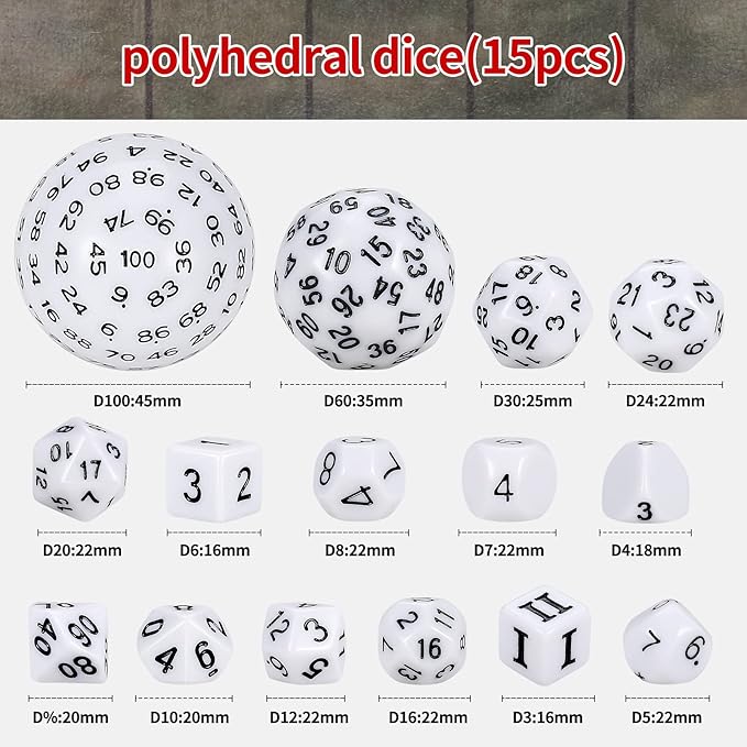 CiaraQ DND Polyhedral Dice Set (15pcs) D4-D100 Game Dice with Dice Bag for Dungeons and Dragons Role Playing Table Games (White & Black)
