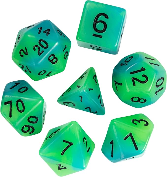 Glow in The Dark DND Dice, 7Pcs Luminous Polyhedral Dice Set with Leather Dice Bag, Glowing D&D Dice for Dungeons and Dragons, RPG, MTG Table Games(Green Blue)