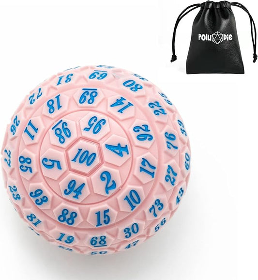 100 Sided Polyhedral Dice, Single D100 Game Dice, 100 Sided Cube with Black Pouch, D100 die 48 mm (Pink with Blue Number)