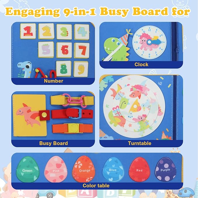 18 in 1 Toddler Montessori Busy Board Preschool Learning Activities with Life Skill Logical Thinking Fine Motor Skills Busy Board for 2-6Year Old for Toddler Toys for Boys Girls Gifts, Blue
