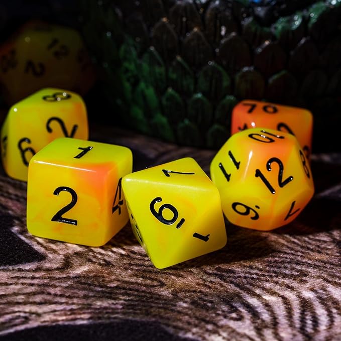 Glow in The Dark DND Dice, 7Pcs Luminous Polyhedral Dice Set with Leather Dice Bag, Glowing D&D Dice for Dungeons and Dragons, RPG, MTG Table Games(Yellow Orange)