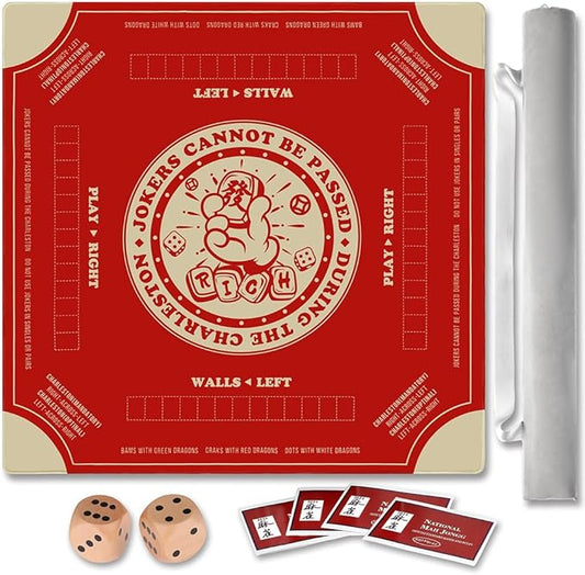 Mahjong Mat with Rules for Table,Travel Mahjong Set,Non-Slip and Silent,Comes with 2 Dice and 1 Coral Velvet Mahjong Mat Storage Bag,Mahjong Cards 2025(Red)