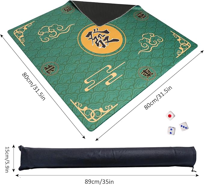 ZGME Mahjong Mat, Anti Slip & Noise Reduction Table Cover for Mahjong, Dominoes, Poker, Card, Tile and Board Games, Rubber Game Mat with Carrying Bag and 3 Dice (Green, 31.5 x31.5 Inches)