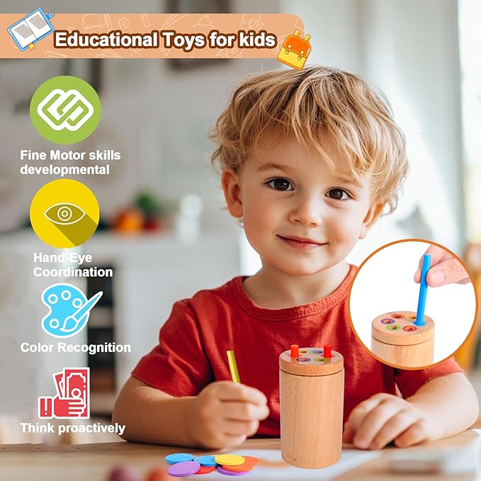 BUSOHA 2-in-1 Montessori Wooden Color Sorting Sensory Toys for 1-3 Year Old Toddlers - Fine Motor Skills Developmental Games, Travel Toys, Busy Board Gifts for Baby Boys & Girls