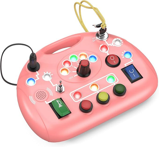 Toddler Busy Board with Led Light Switch, Travel Sensory Board Montessori Toddlers Fat Brain Toys 1-2 Year Old, Baby Educational Activities Travel Essential Toys Ideal Christmas & Birthday Gift (Pink)