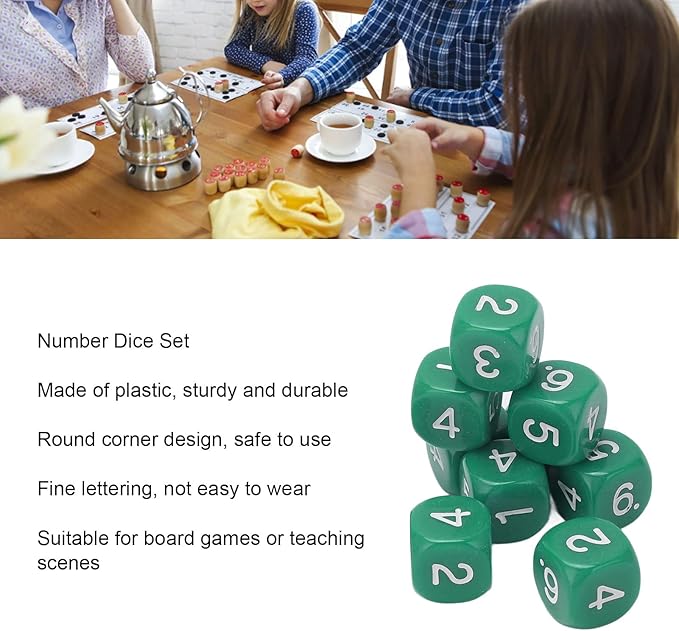 Green 6 Sided Plastic Dice Set - 20 Pieces, Rounded Corners, Number Dice for Table Games