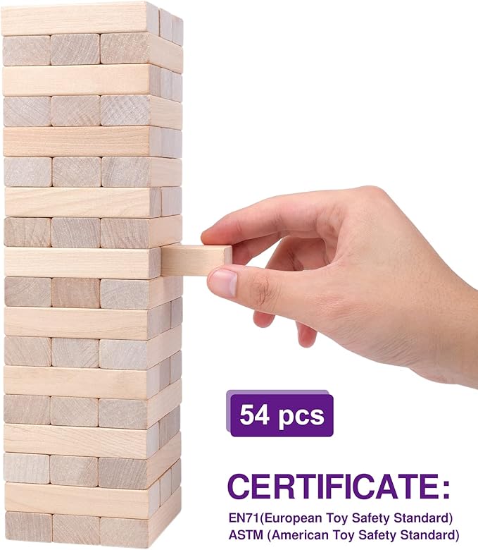 GOTHINK Tumble Tower Game for Kids and Adults, 54pcs Wooden Board Stacking Game for Family Games Night, Classical Wood Blocks Game, Standard Size with Storage Bag