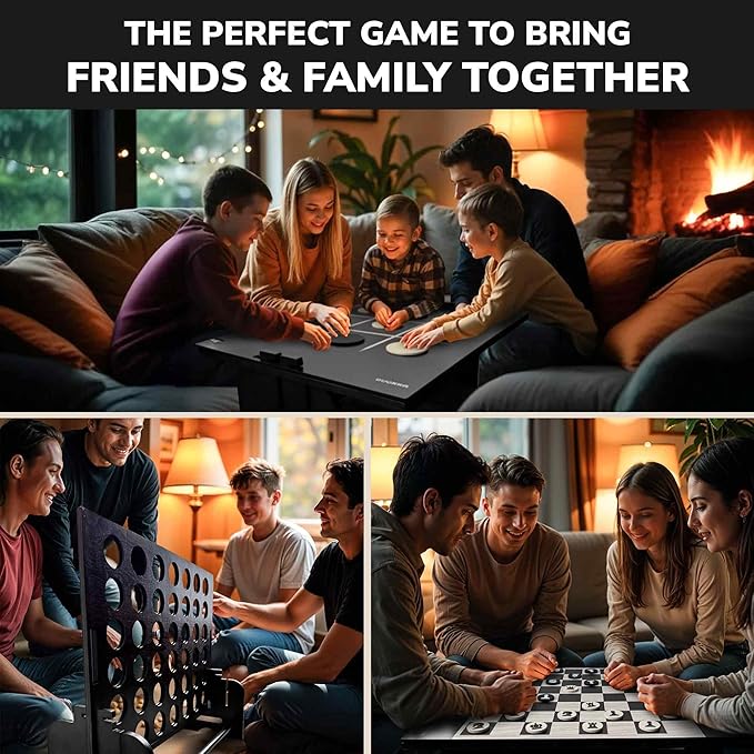 QUOKKA Giant Black Four in a Row Connect Game 4-in-1 SUPERSET -Wooden Jumbo Family Friends Game for Adults| Backyard Family Party | Big Chess & Checkers | Indoor Game| Wooden Tic Tac Toe | All Weather