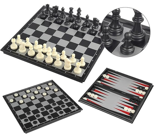 Andux Foldable Magnetic Three-in-One Board Game Set, Chess, Backgammon, Checkers (L, 32x32x2cm, 6+, 2 Players)