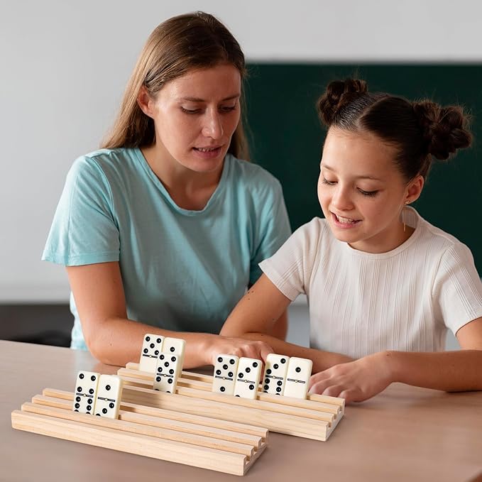 Wooden Domino Racks Set of 8 - Natural Wood Tray Organizer for Mexican Train, Chickenfoot, Classic Domino Games - Durable, Stackable (Dominoes Not Included)