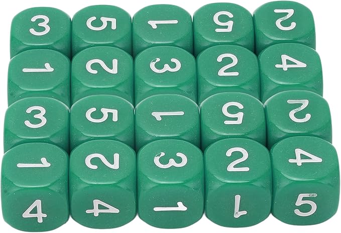 Green 6 Sided Plastic Dice Set - 20 Pieces, Rounded Corners, Number Dice for Table Games