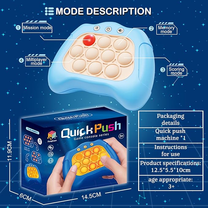 Quick Push Game，Pop Game Fidget Toys, Fast Push Bubble Game, Handheld Puzzle Game Sensory Toys ，Light Up Push Pop Game for Kids 3-12 Girls and Boys Teens Adults Decompression (Light Blue)