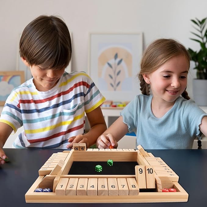 GSE Games & Sports Expert 1-4 Player Wooden Shut The Box Dice Board Game with 8 Dice. 4-Way 10 Numbered Shut The Box Set of Popular English Pub Board Game - Natural Wood