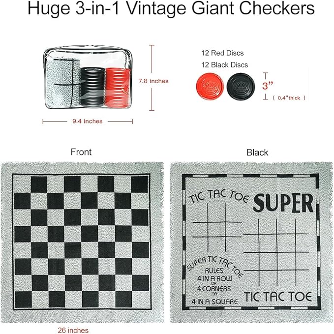 3-in-1 Vintage Giant Checkers and Tic Tac Toe Board Draughts Reversible Rug Game, Big Checker Floor Game Mat, Family Board Game, Lawn Game, BBQ Party Favor, Indoor and Outdoor