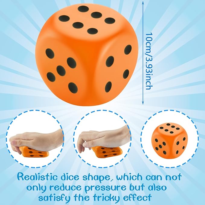 Zomiboo 2 Pcs Large Foam Dice Stress Balls Soft Jumbo 6 Sided Giant Dice Educational Learning Squeeze Anxiety Relieve Toy Gifts for Adults Kids Board Game Classroom(Blue, Orange,3.93 Inch)