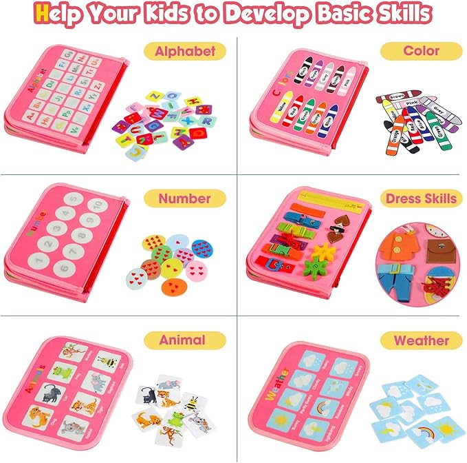 Toddler Busy Board - Montessori Toys for 2-3 Year Old Girl Birthday Gift, Educational Learning Sensory Busy Book for Two Year Old Girl, Airplane Car Travel Activities Toy for Kids Ages 2-4
